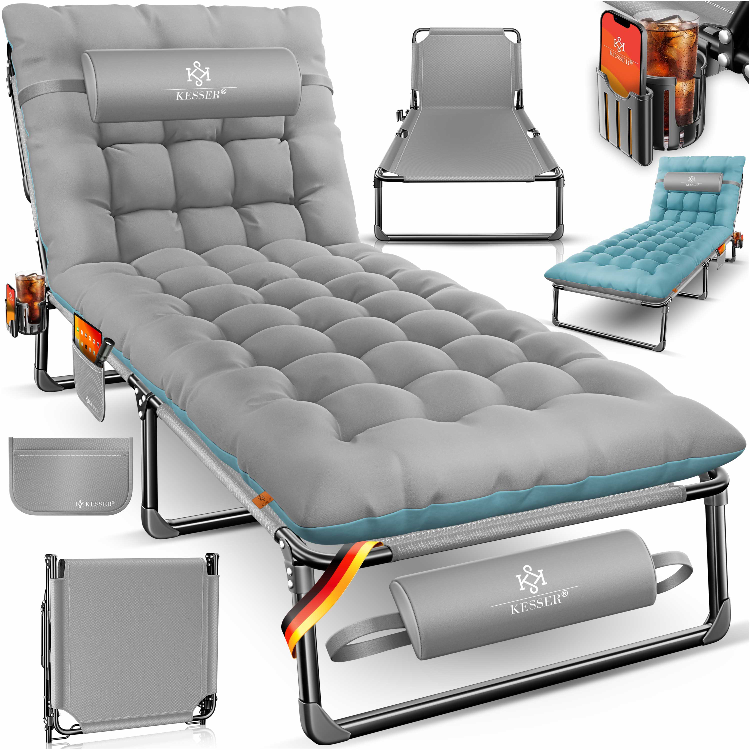 KESSER® Campingbett klappbar mit Tragetasche, Nackenkissen, Vakuumtasche & Getränkehalter, 190 x 68 x 30 cm bis 250 kg belastbar, aus Oxford-Gewebe