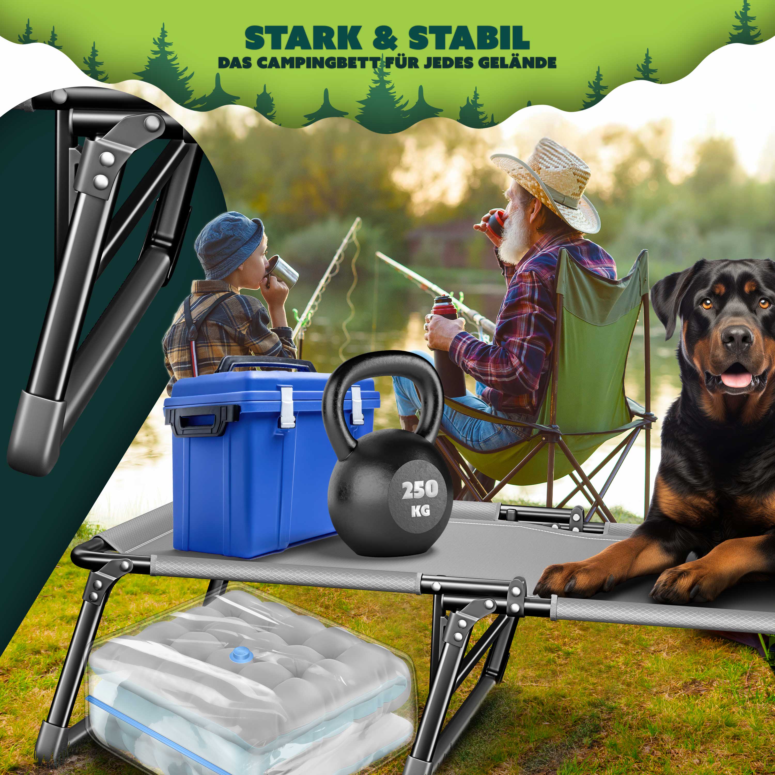 KESSER® Campingbett klappbar mit Tragetasche, Nackenkissen, Vakuumtasche & Getränkehalter, 190 x 68 x 30 cm bis 250 kg belastbar, aus Oxford-Gewebe und stabilem Stahlgerüst, ideal für Garten Camping | eShopping