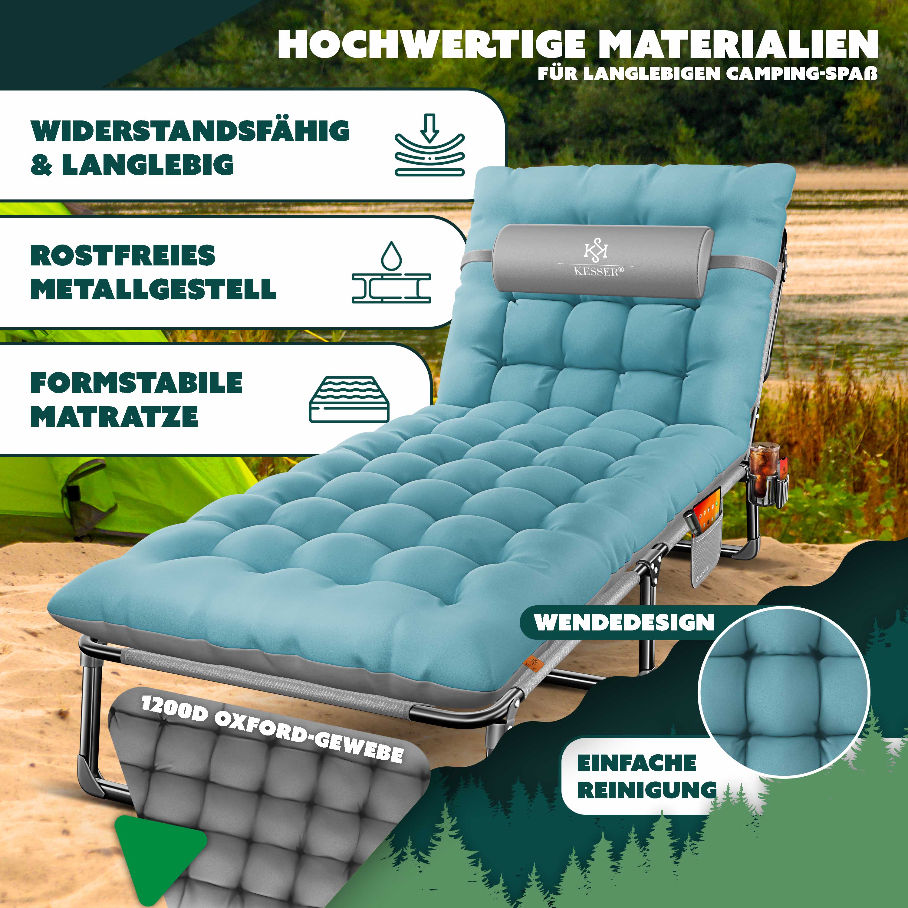 KESSER® Campingbett klappbar mit Tragetasche, Nackenkissen, Vakuumtasche & Getränkehalter, 190 x 68 x 30 cm bis 250 kg belastbar, aus Oxford-Gewebe und stabilem Stahlgerüst, ideal für Garten Camping | eShopping