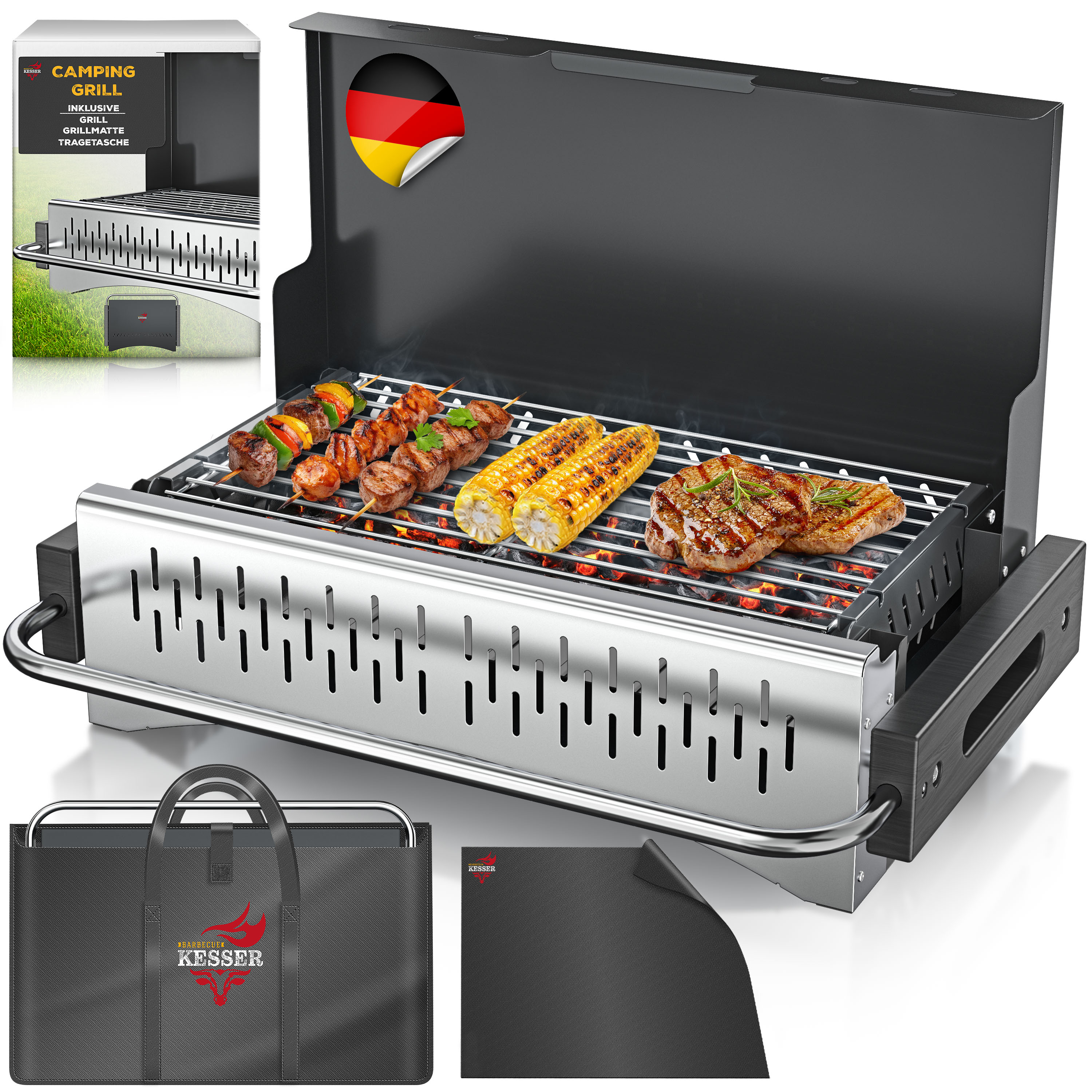 KESSER® Klappgrill tragbarer Camping Grill | Holzkohlegrill aus pulverbeschichtetem Stahl inklusive Grillrost, Grillmatte & Tragetasche