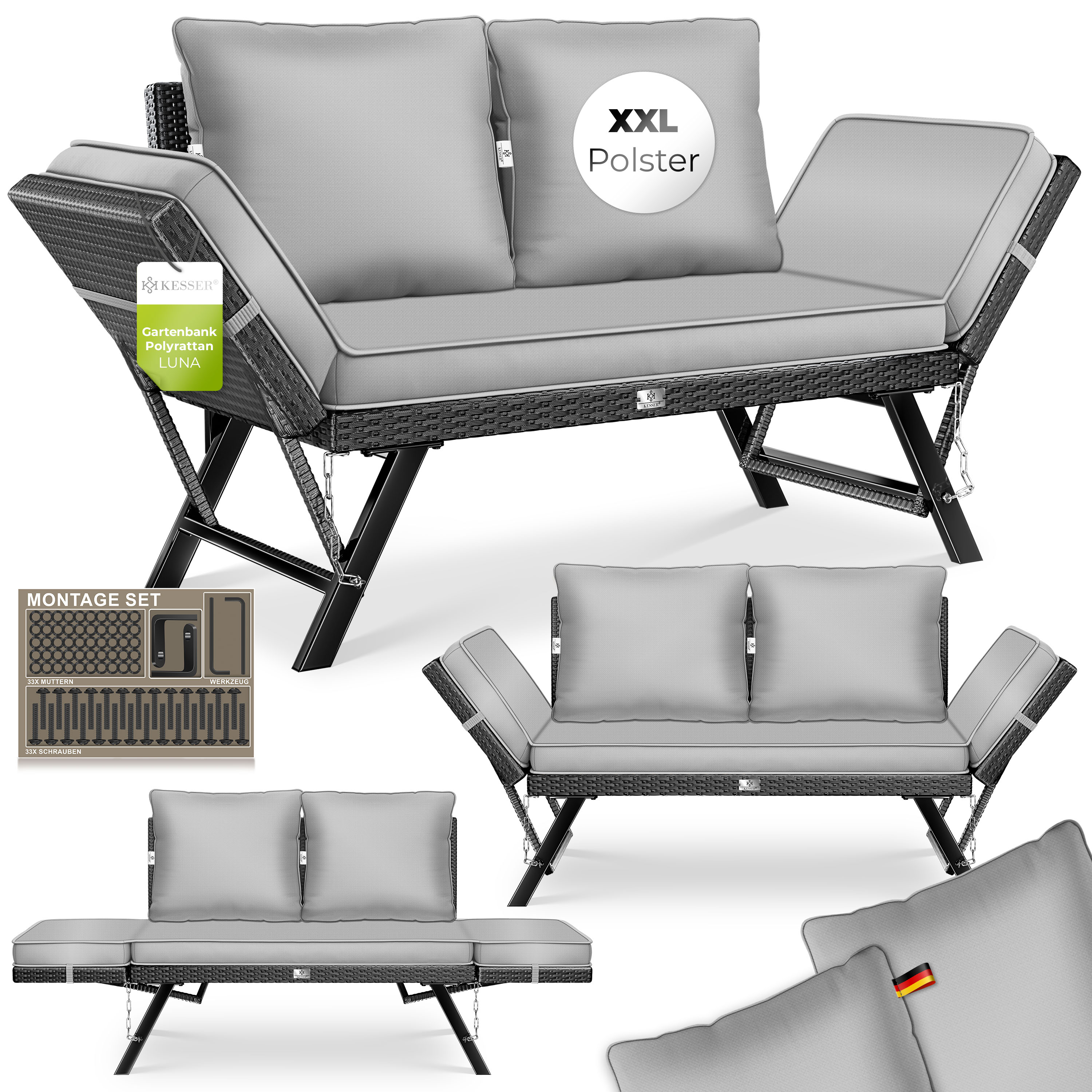 KESSER® Gartenbank Polyrattan Luna mit Liegefunktion Gartensofa 4-in-1 Verstellfunktion Gartencouch Wetterfest, Balkonsofa Verstellbare Armlehnen,