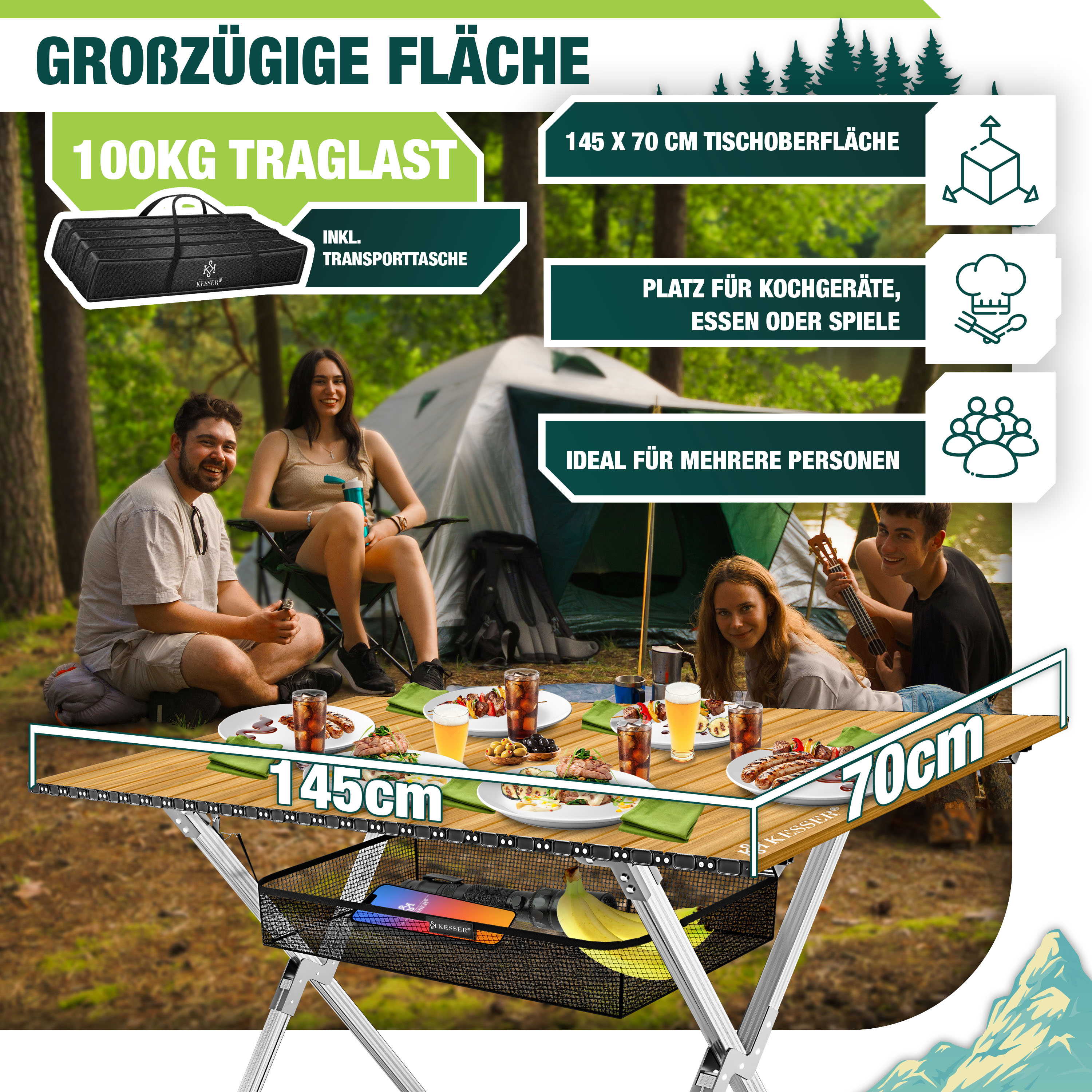 KESSER® Campingtisch faltbar Klapptisch mit Aluminiumrahmen Aufrollbare Tischplatte Falttisch klappbar inkl. Tragetasche mit Trageband & Netztasche, Holz-Optik | eShopping