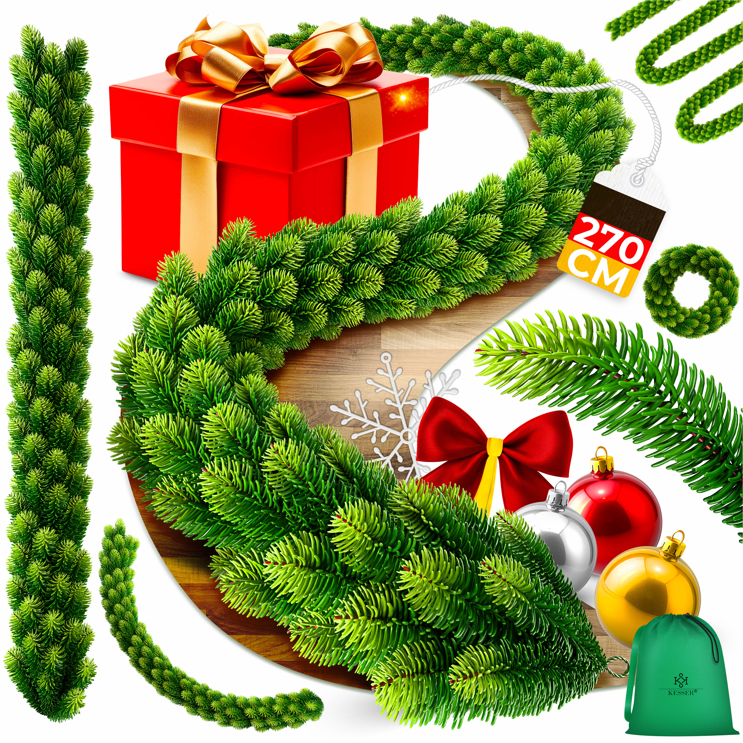 KESSER® Weihnachtsgirlande | Naturgetreues Tannengrün - wie echt - IP 44 Outdoor & Indoor Girlande - Treppen, Tür, Balkon, Weihnachtsdeko + Tasche