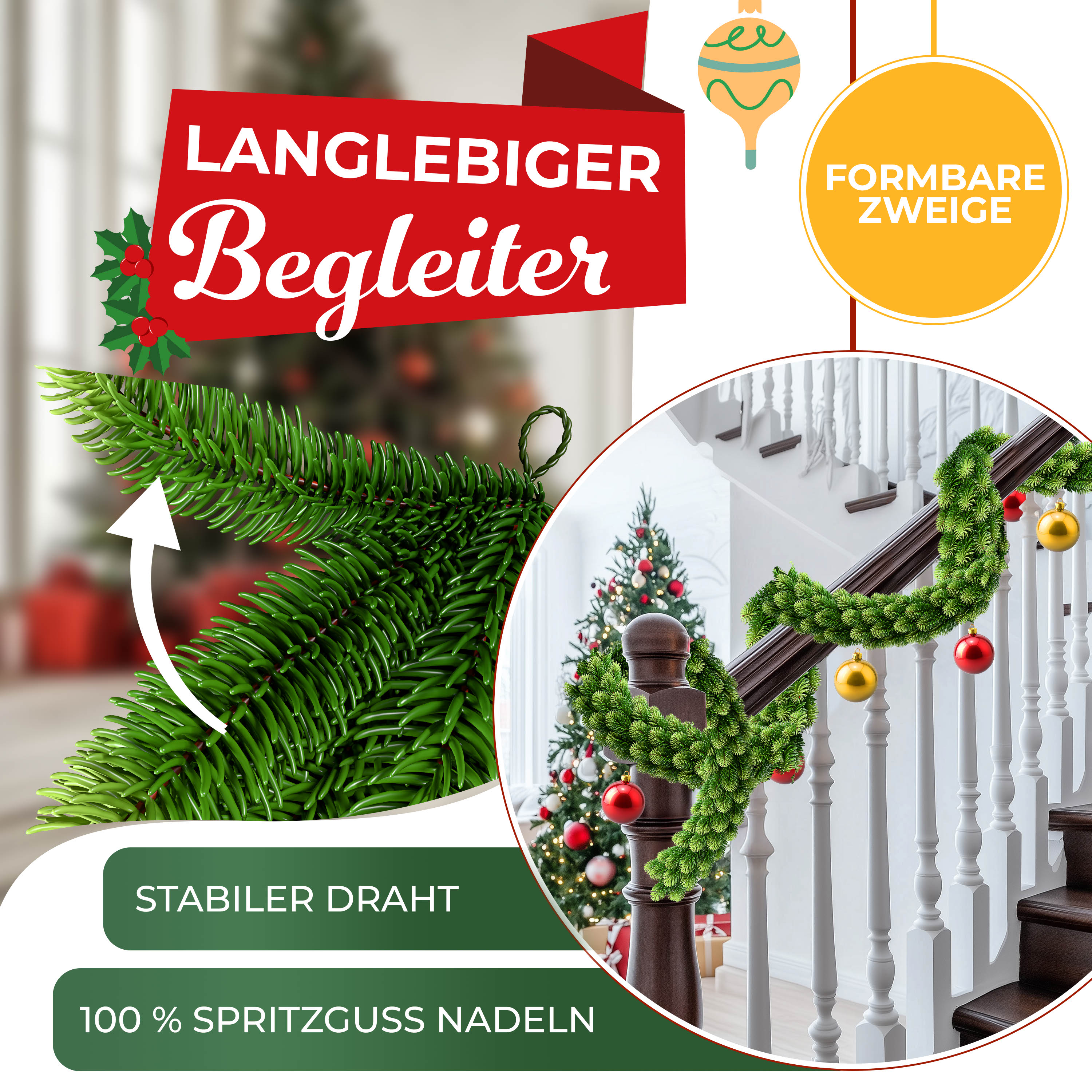 KESSER® Weihnachtsgirlande | Naturgetreues Tannengrün - wie echt - IP 44 Outdoor & Indoor Girlande - Treppen, Tür, Balkon, Weihnachtsdeko + Tasche - Dunkelgrün | eShopping