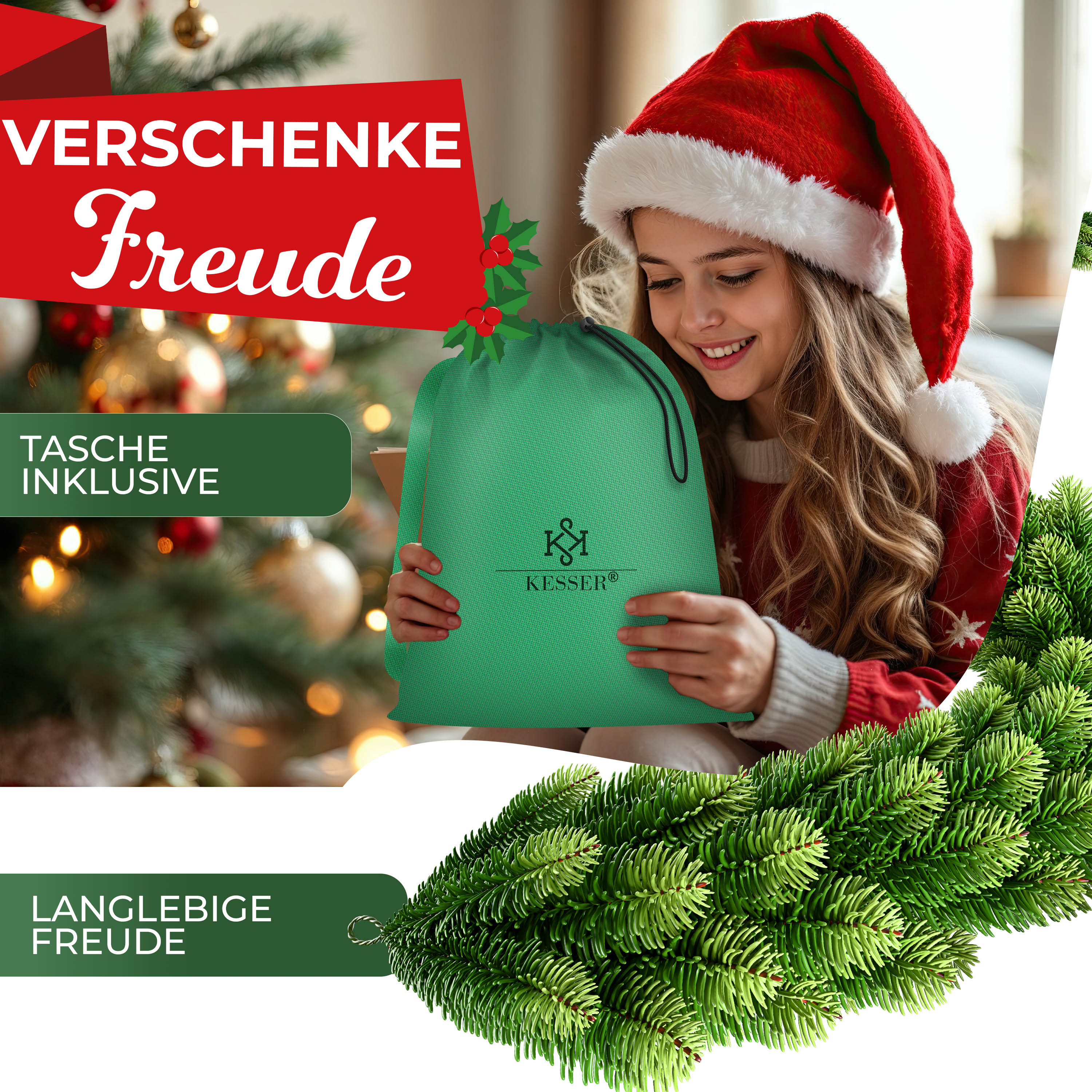 KESSER® Weihnachtsgirlande | Naturgetreues Tannengrün - wie echt - IP 44 Outdoor & Indoor Girlande - Treppen, Tür, Balkon, Weihnachtsdeko + Tasche - Dunkelgrün | eShopping