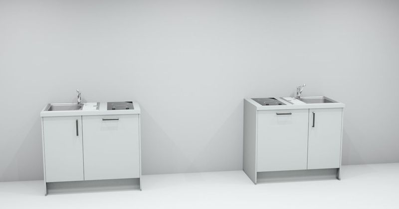 Kaufsignal Minorküche MKV 1118/1, Kleinküche, weiss, 130l Kühlschrank, mit Gefrierteil, 2 Kochplatten, Blitz-Kochplatte, Spülbecken, 230V, A++, inkl. Geräte, rechts