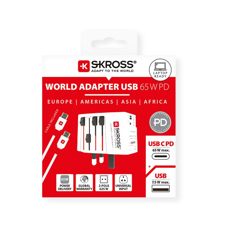 Skross MUV USB A/C 65PD Reiseadapter mit USB-C Kabel, Weltweit