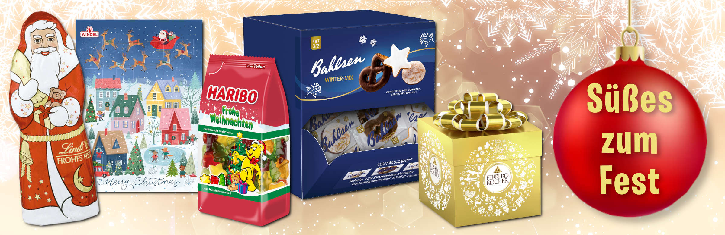 Weihnachten-Banner mit einem gold-weißen Farbverlauf und silhouettierten Schneesternen im Hintergrund. Rechts hängt eine rote Weihnachtskugel mit der Aufschrift „Süßes zum Fest“. Von Links nach mittig Rechts sind verschiedene Weihnachts-Süßwaren arrangiert.