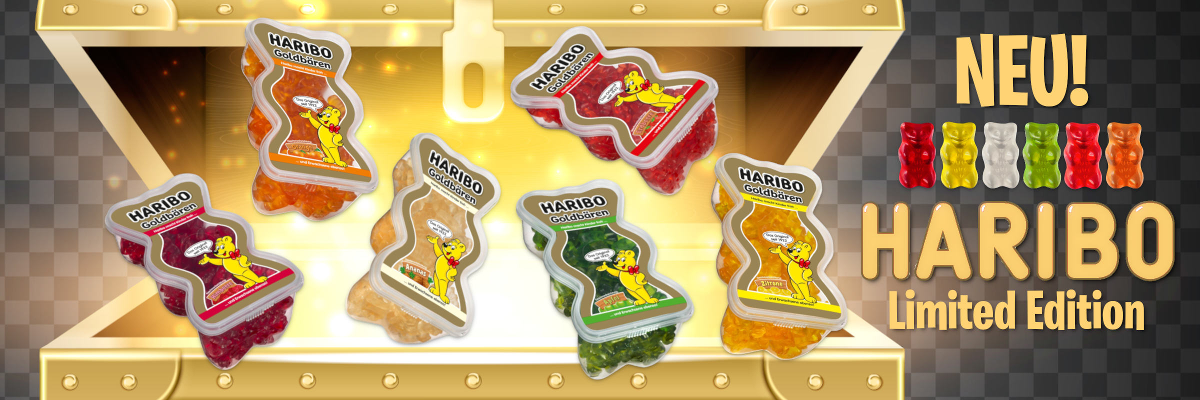 Es ist eine geöffnete goldene Schatztruhe zusehen, in deren Innerem sechs bärenförmige Produktverpackungen mit verschiedenen Fruchtgummi-Sorten (Haribo Goldbären)) arrangiert sind.
