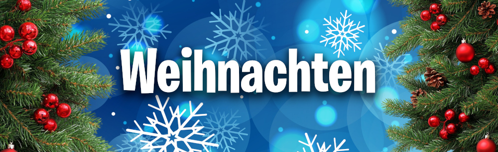 Weihnachtliches Banner mit einem blauen Hintergrund voller Schneeflocken und Lichter. Am linken und rechten Rand rahmen grüne Tannenzweige mit roten Weihnachtskugeln und kleinen Zapfen das Bild ein. In der Mitte steht der weiße Schriftzug „Weihnachten