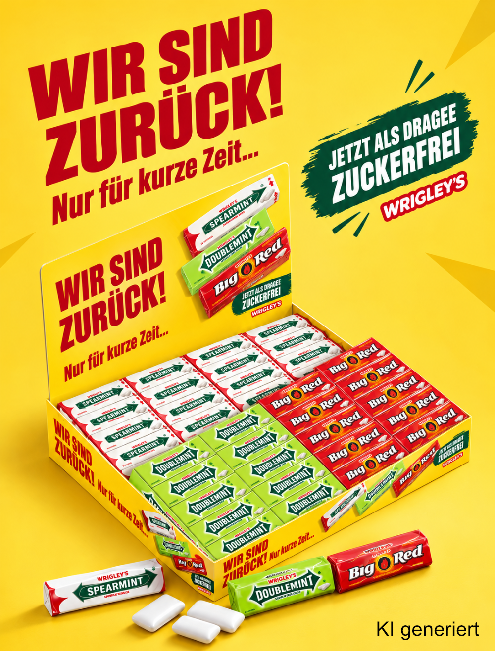 Werbebanner vor gelbem Hintergrund mit einem Sortimentskarton von Wrigley's Kaugummis. Der Karton und die auffälligen Aufschriften tragen die Botschaft „Wir sind zurück! Nur für kurze Zeit...“ sowie den Hinweis „Jetzt als Dragee zuckerfrei“. Im Display sind verschiedene Sorten wie Spearmint, Doublemint und Big Red als zuckerfreie Dragees angeordnet.