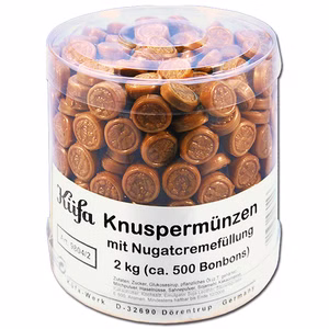 Küfa Knuspermünzen 2 Kg, Bonbons mit Nougatcremefüllung Küfa Knuspermünzen 2 Kg, Bonbons mit Nougatcremefüllung Bild 1