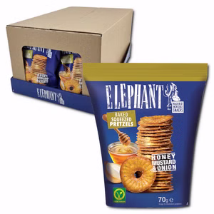 Elephant Baked Squeezed Pretzels Honey Mustard & Onion, Laugengebäck, 14 Beutel je 70g Elephant Baked Squeezed Pretzels Honey Mustard & Onion, Laugengebäck, 14 Beutel je 70g Bild 1