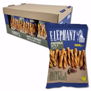 Elephant Pretzels Twist Olives & Rosemary, Laugengebäck, 15 Beutel je 180g Elephant Pretzels Twist Olives & Rosemary, Laugengebäck, 15 Beutel je 180g Bild 1