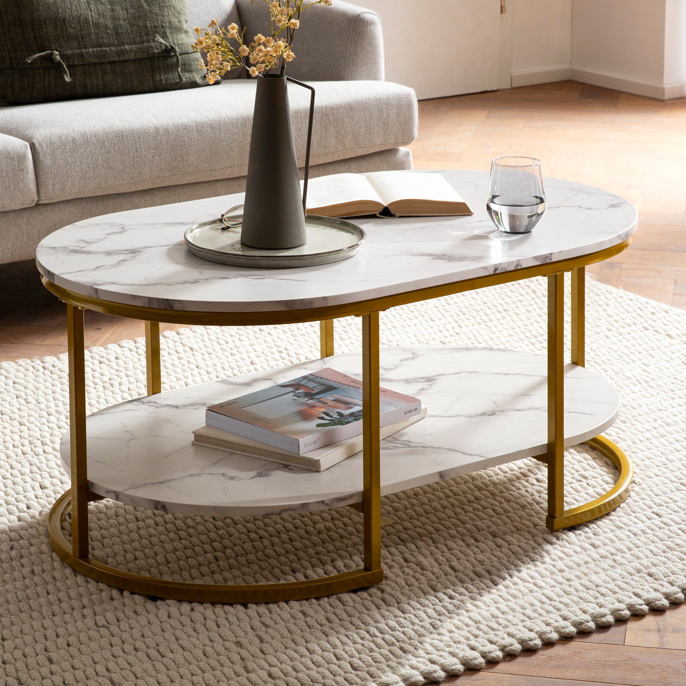 Couchtisch FineBuy Sofatisch 100 cm Marmor Optik Wohnzimmertisch Tisch Ablage – Ansicht 1