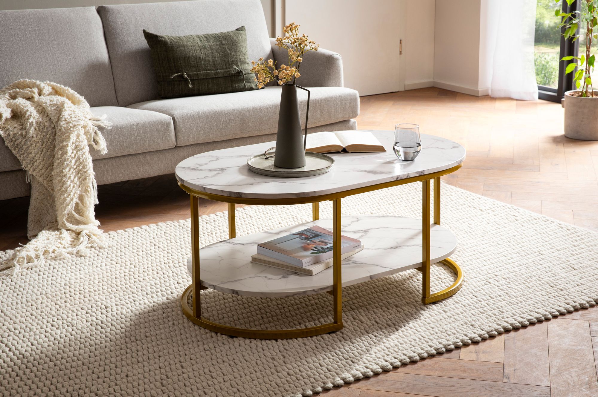 Couchtisch FineBuy Sofatisch 100 cm Marmor Optik Wohnzimmertisch Tisch Ablage – Ansicht 2
