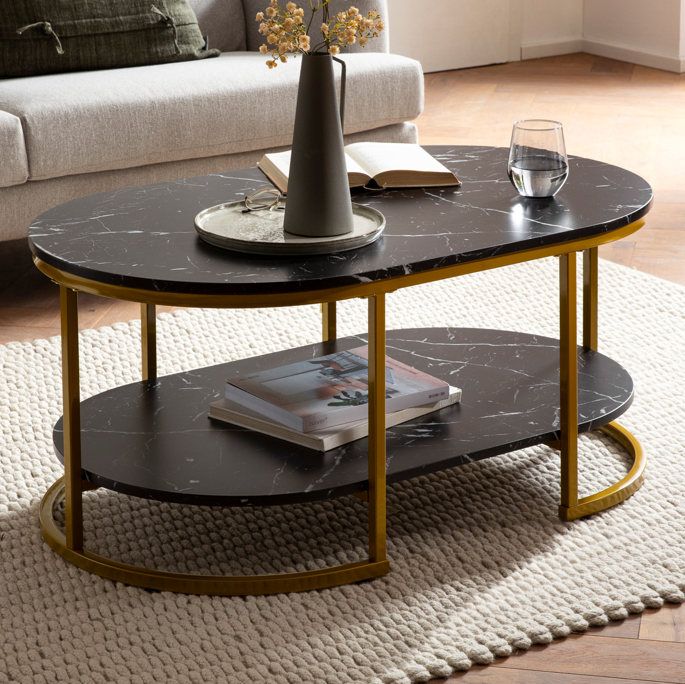 Couchtisch FineBuy Sofatisch 100 cm Marmor Optik Wohnzimmertisch Tisch Ablage – Ansicht 1