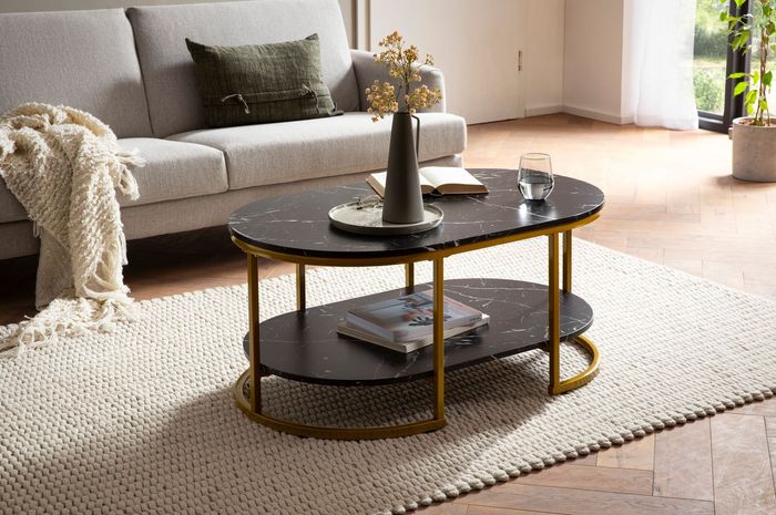 FineBuy Couchtisch 100x60x45 cm Marmor Optik, Design Wohnzimmertisch Rechteckig, Lounge Sofatisch mit Ablage, Kaffeetisch Modern mit goldenem Metallgestell