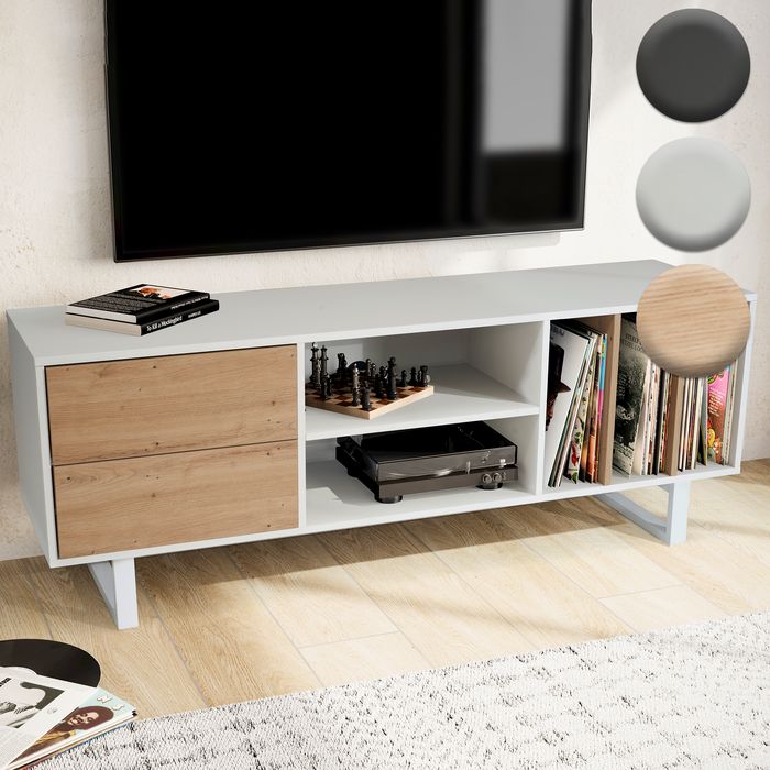 FineBuy Lowboard Eiche-Dekor 150x55x40 cm TV-Kommode Modern, Design TV-Schrank Hoch, Fernsehtisch Fernsehschrank mit Schubladen & Regal, Fernsehkommode Wohnzimmer