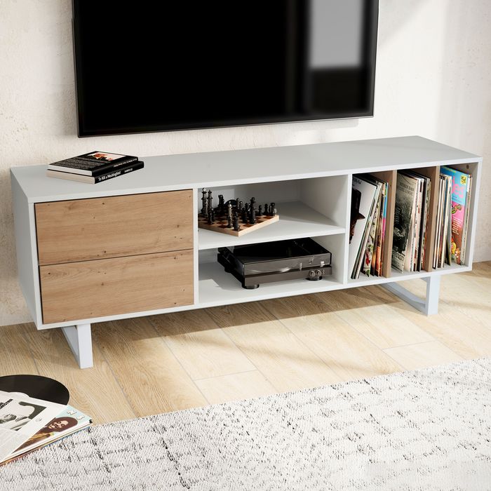 FineBuy Lowboard Eiche-Dekor 150x55x40 cm TV-Kommode Modern, Design TV-Schrank Hoch, Fernsehtisch Fernsehschrank mit Schubladen & Regal, Fernsehkommode Wohnzimmer
