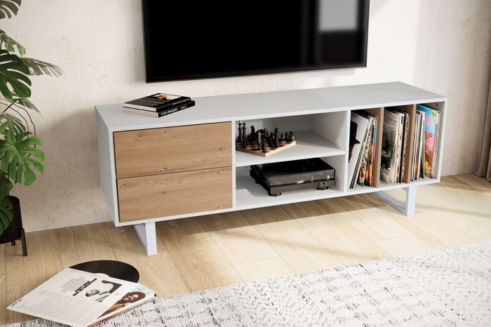 FineBuy Lowboard Eiche-Dekor 150x55x40 cm TV-Kommode Modern, Design TV-Schrank Hoch, Fernsehtisch Fernsehschrank mit Schubladen & Regal, Fernsehkommode Wohnzimmer