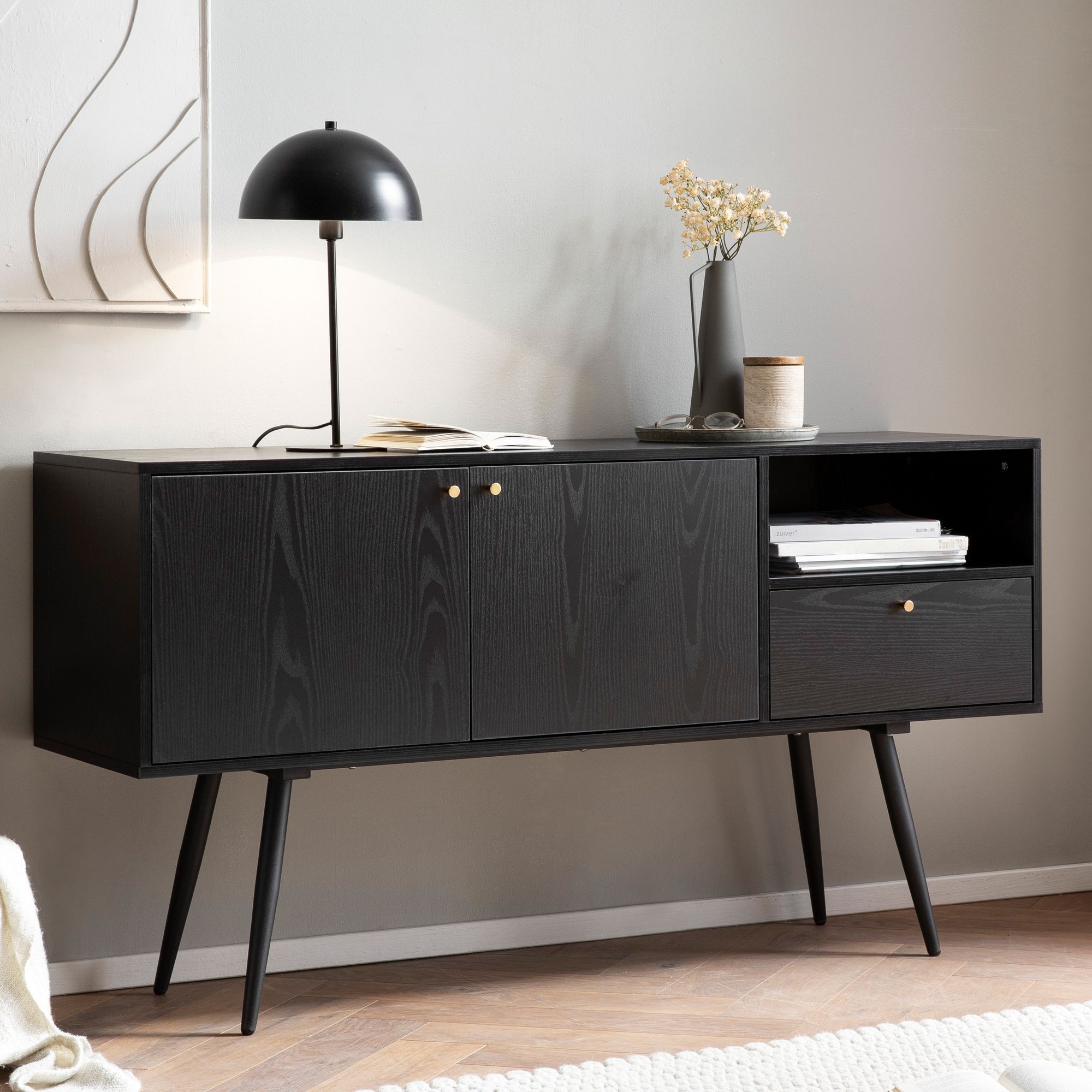 Sideboard FineBuy 140cm Eiche Dekor Schwarz mit 2 Türen Schublade & Ablage Kommode – Ansicht 1