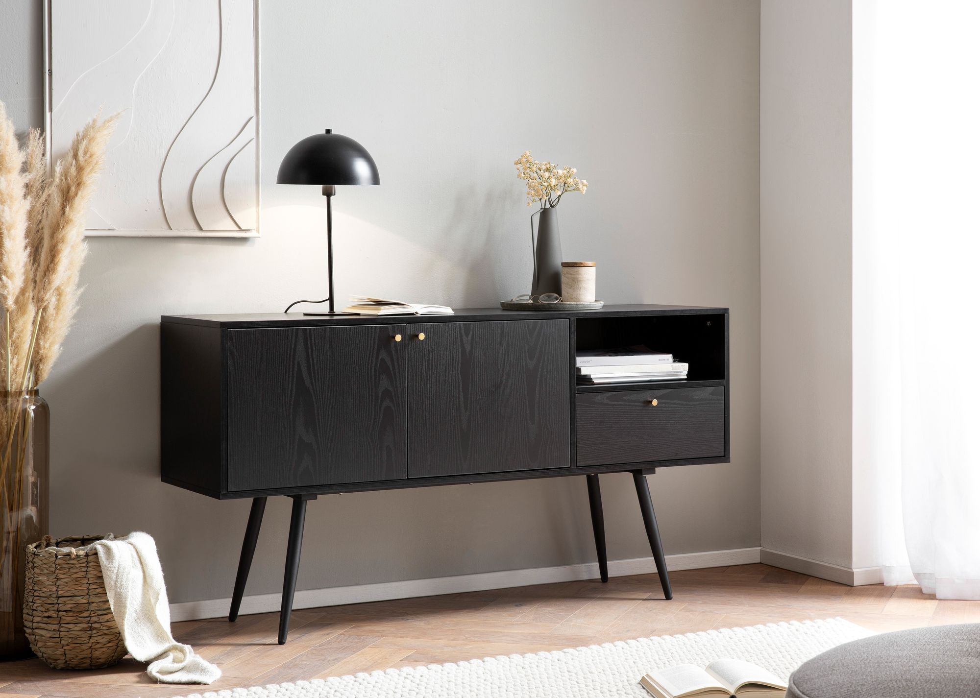 Sideboard FineBuy 140cm Eiche Dekor Schwarz mit 2 Türen Schublade & Ablage Kommode – Ansicht 5