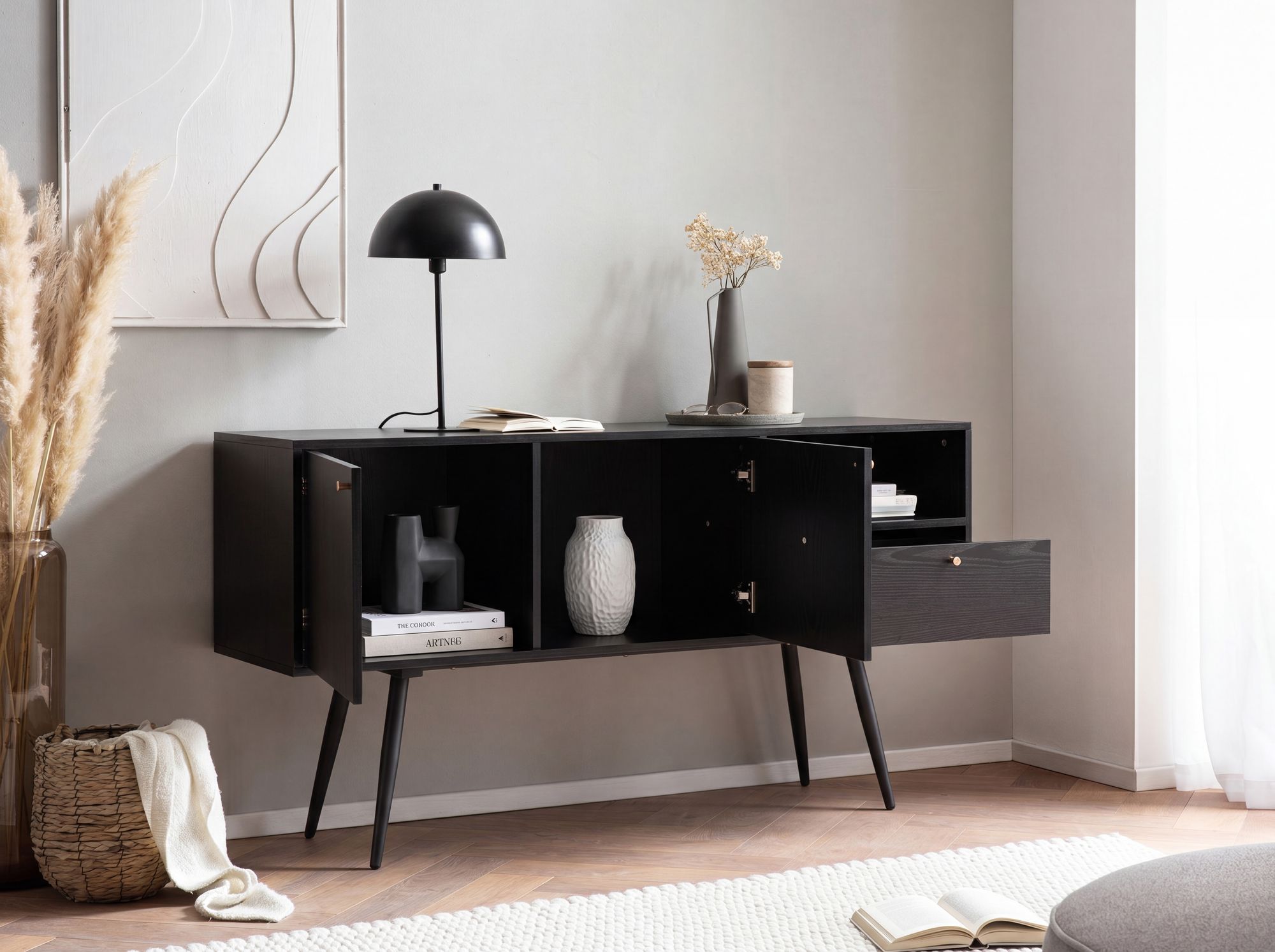 Sideboard FineBuy 140cm Eiche Dekor Schwarz mit 2 Türen Schublade & Ablage Kommode – Ansicht 2