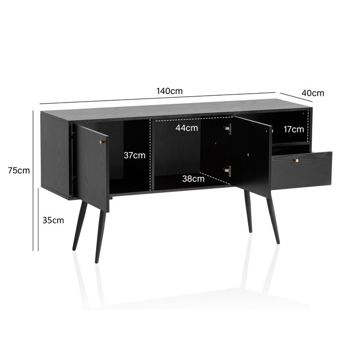 Sideboard FineBuy 140cm Eiche Dekor Schwarz mit 2 Türen Schublade & Ablage Kommode – Maßzeichnung