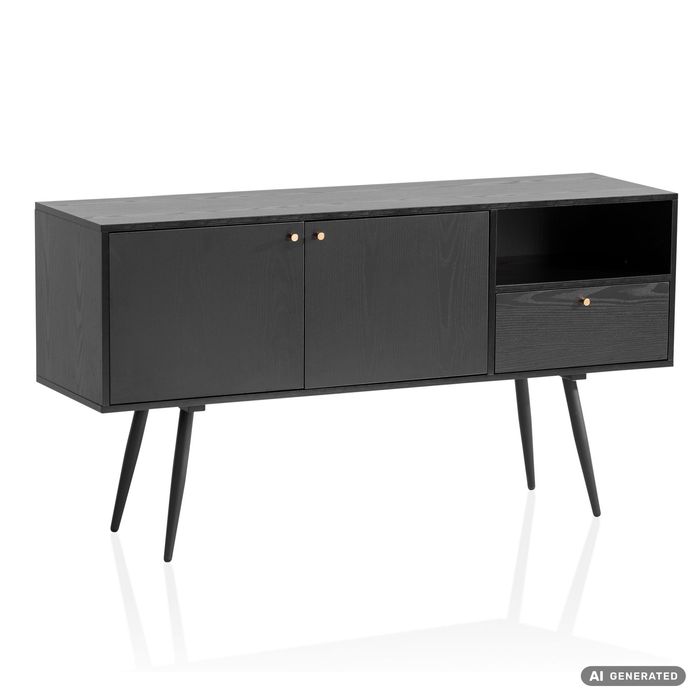 Sideboard FineBuy 140cm Eiche Dekor Schwarz mit 2 Türen Schublade & Ablage Kommode