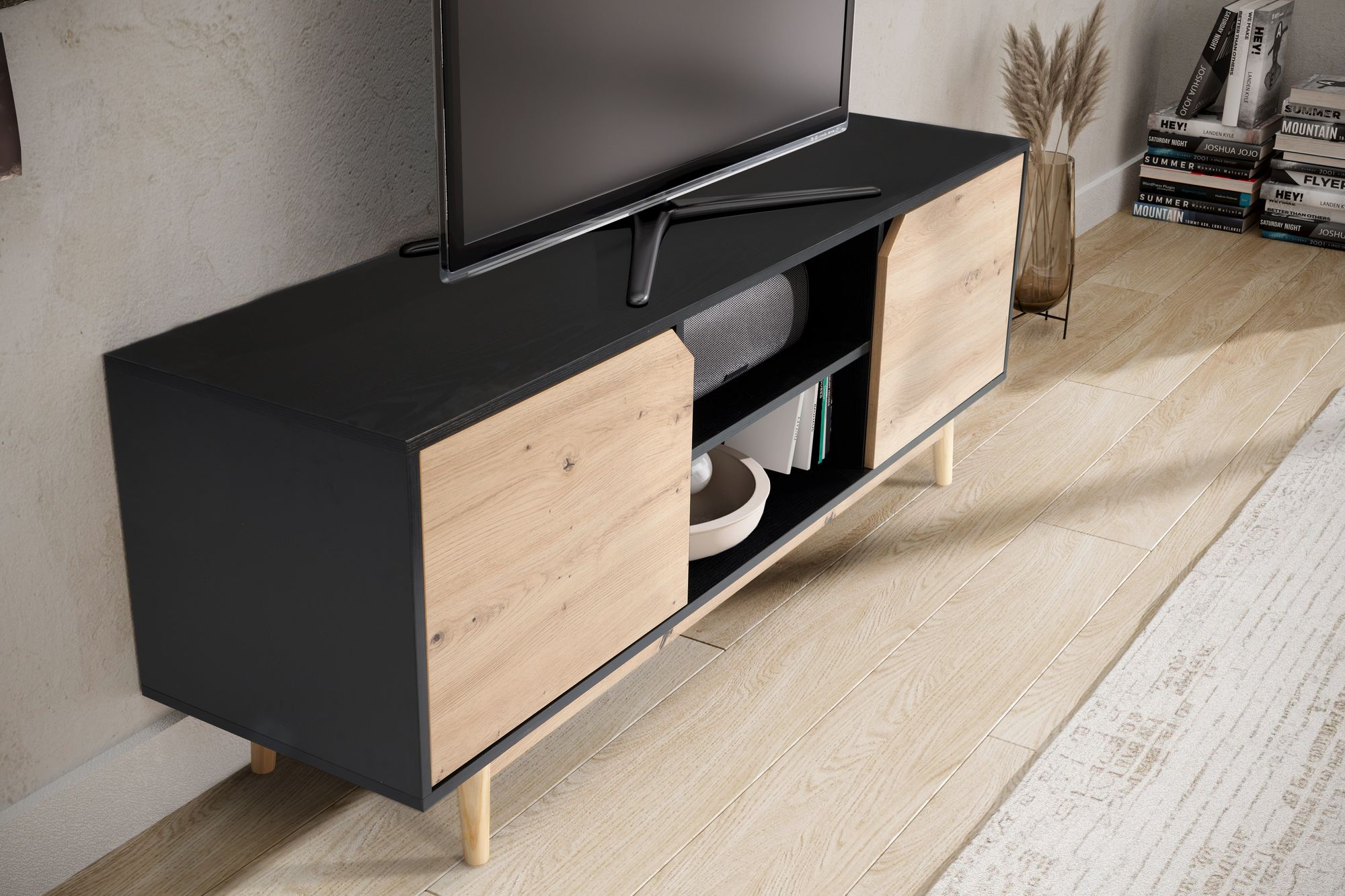 Lowboard FineBuy TV Schrank 150 cm Fernsehkommode Fernsehschrank Schwarz Eiche – Ansicht 5