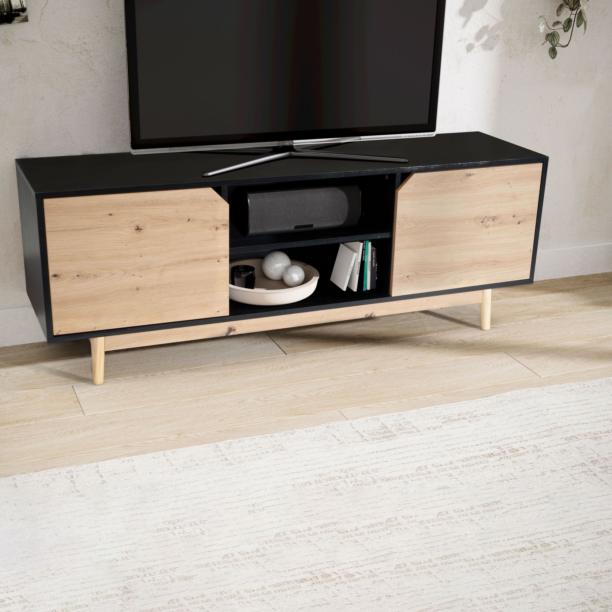 Lowboard FineBuy TV Schrank 150 cm Fernsehkommode Fernsehschrank Schwarz Eiche – Ansicht 1