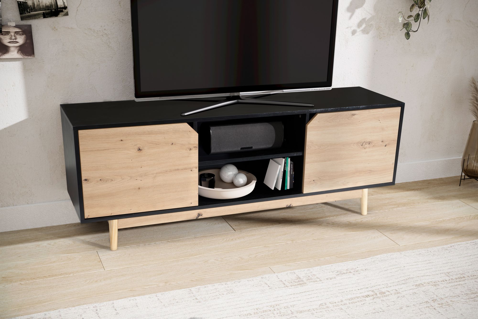 Lowboard FineBuy TV Schrank 150 cm Fernsehkommode Fernsehschrank Schwarz Eiche – Ansicht 4