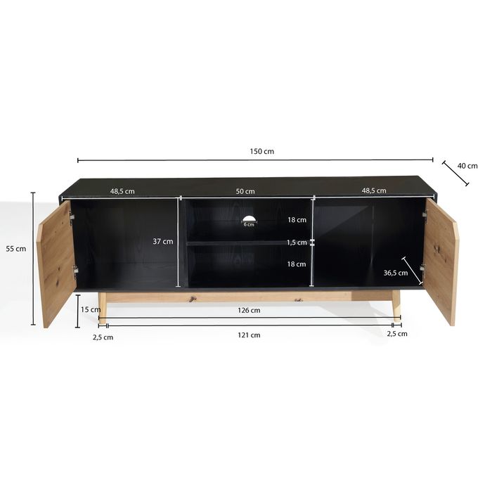 Lowboard FineBuy TV Schrank 150 cm Fernsehkommode Fernsehschrank Schwarz Eiche – Maßzeichnung