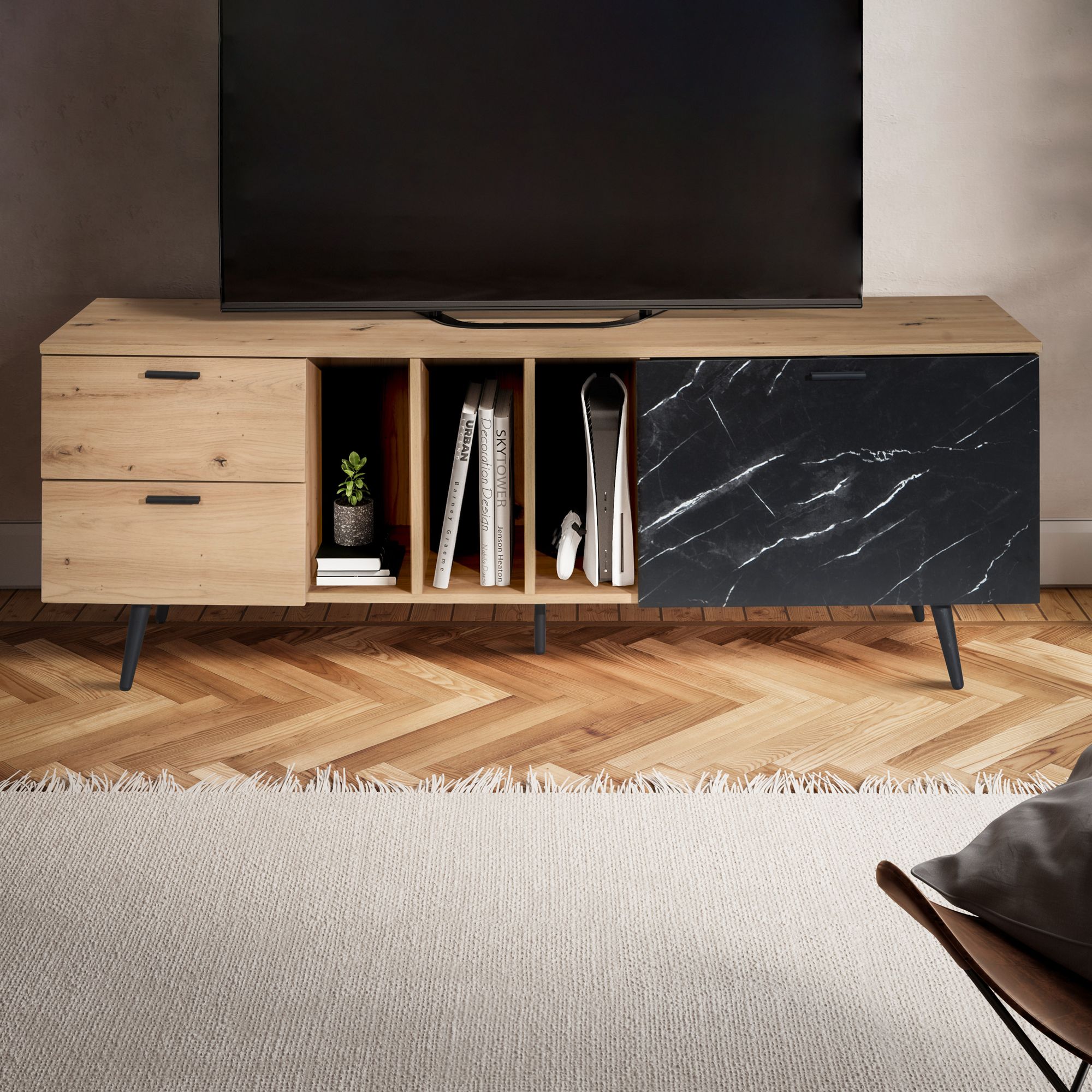 Lowboard FineBuy TV Schrank 150 cm Fernsehtisch Fernsehschrank Marmor Schwarz – Ansicht 1