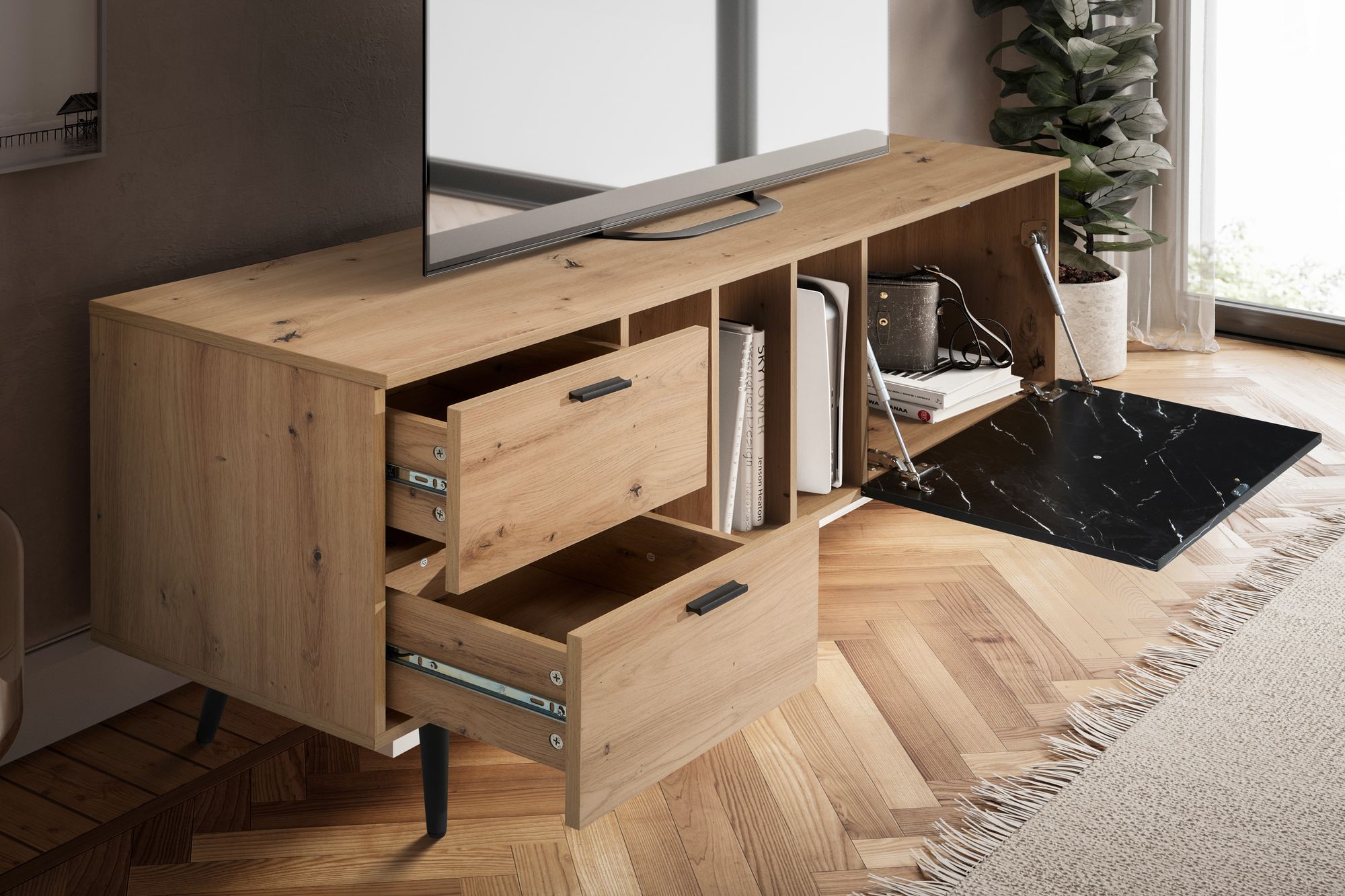 Lowboard FineBuy TV Schrank 150 cm Fernsehtisch Fernsehschrank Marmor Schwarz – Ansicht 2