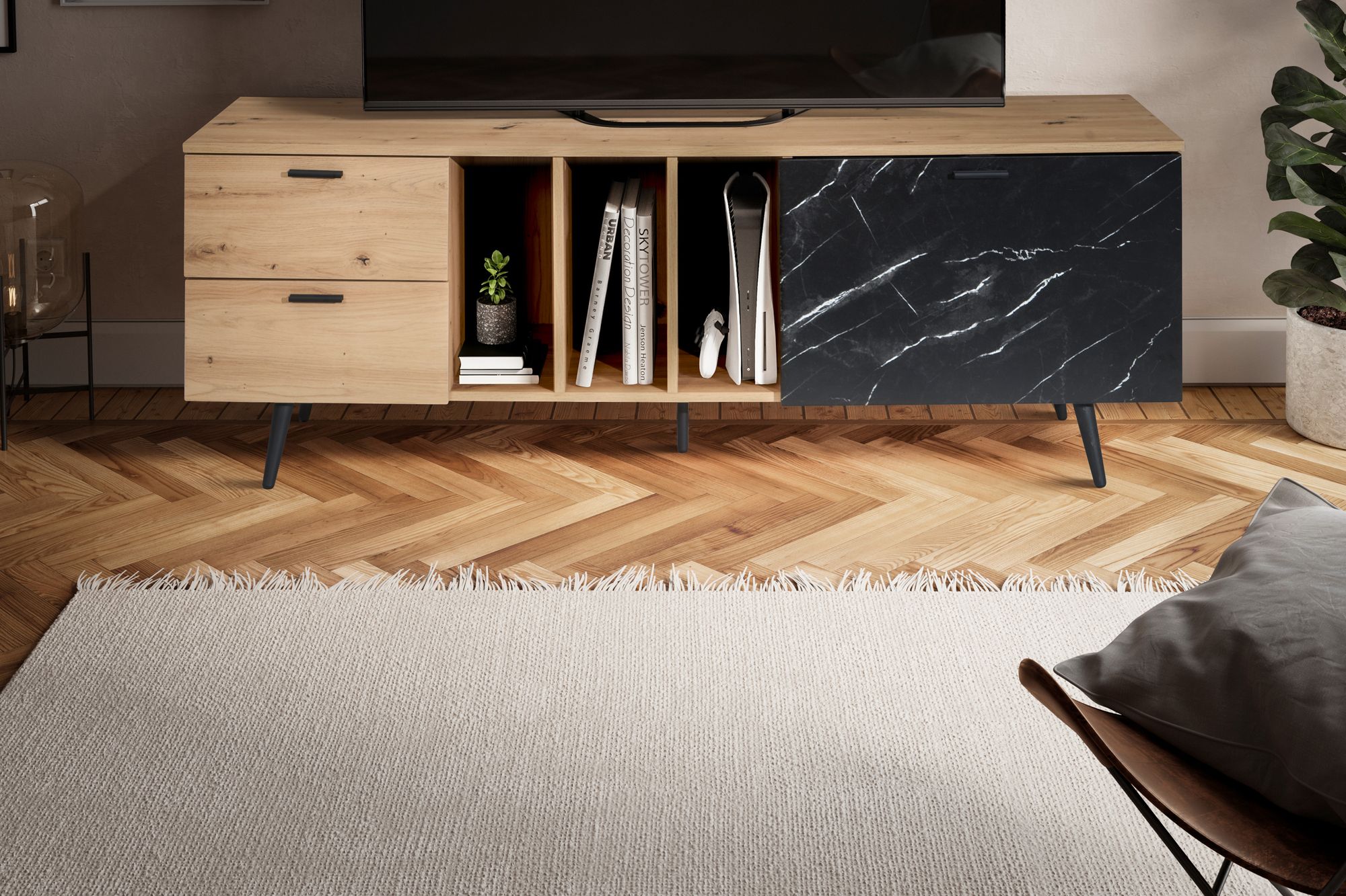 Lowboard FineBuy TV Schrank 150 cm Fernsehtisch Fernsehschrank Marmor Schwarz – Ansicht 4