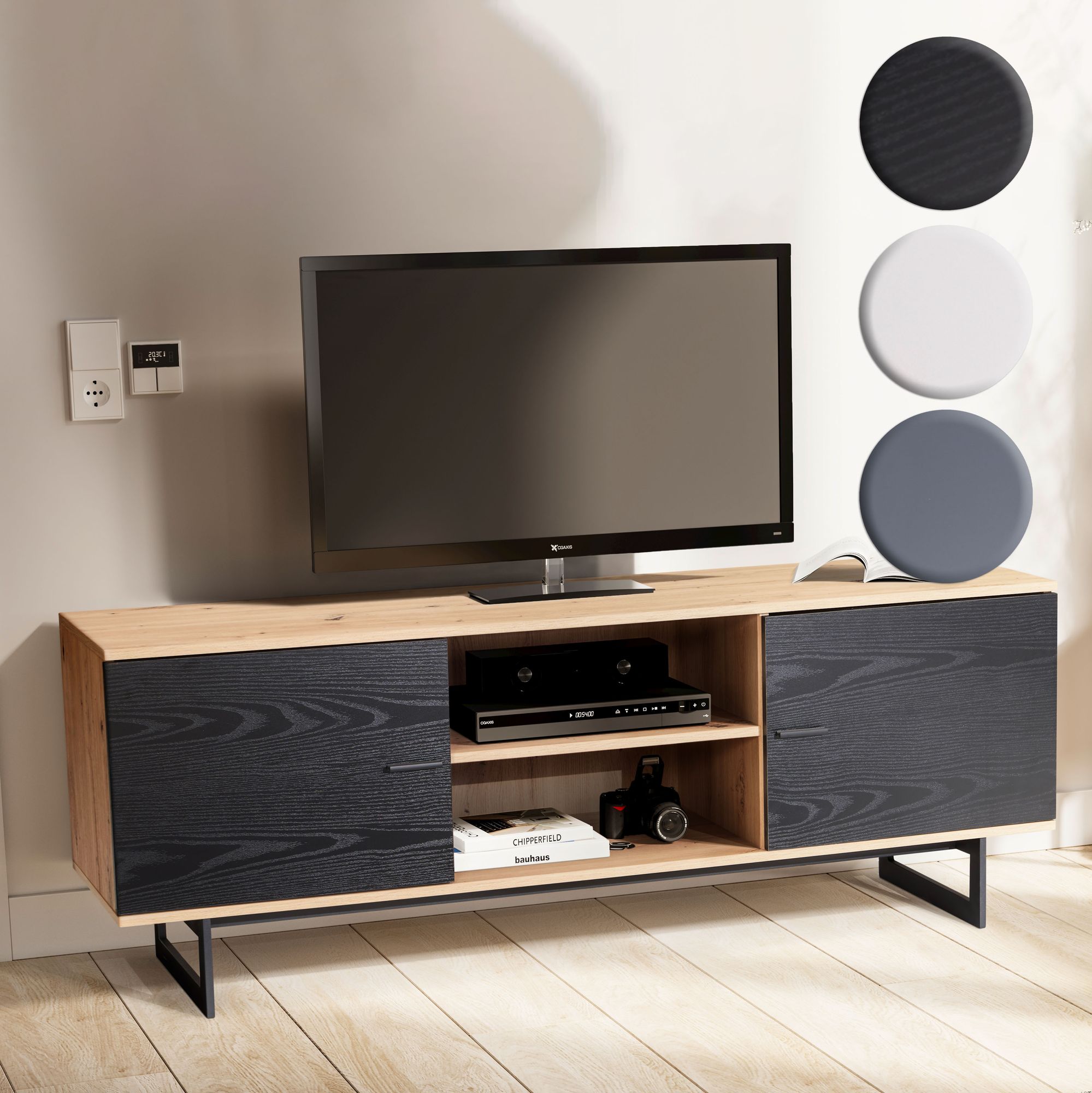 Lowboard FineBuy TV Schrank 150 cm Fernsehkommode Fernsehschrank Eiche Türen – Ansicht 1