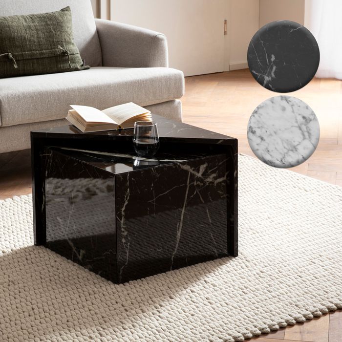 FineBuy Couchtisch 2er Set MONOBLOC Hochglanz Sofatisch mit Marmor Optik, Design Satztisch Eckig, Wohnzimmertisch Ineinanderschiebbar, Lounge Verschachtelungstisch Beistelltisch Klein