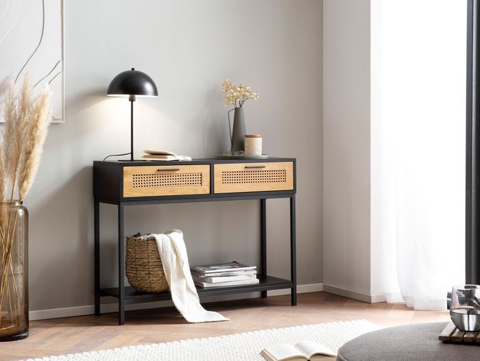 FineBuy Konsolentisch Schwarz 100x30x75 cm Design Anrichte Flur, Ablagetisch Schmal mit Wiener Geflecht, Flurtisch mit Schubladen und Ablage, Dielentisch Lang Hoch Rattan
