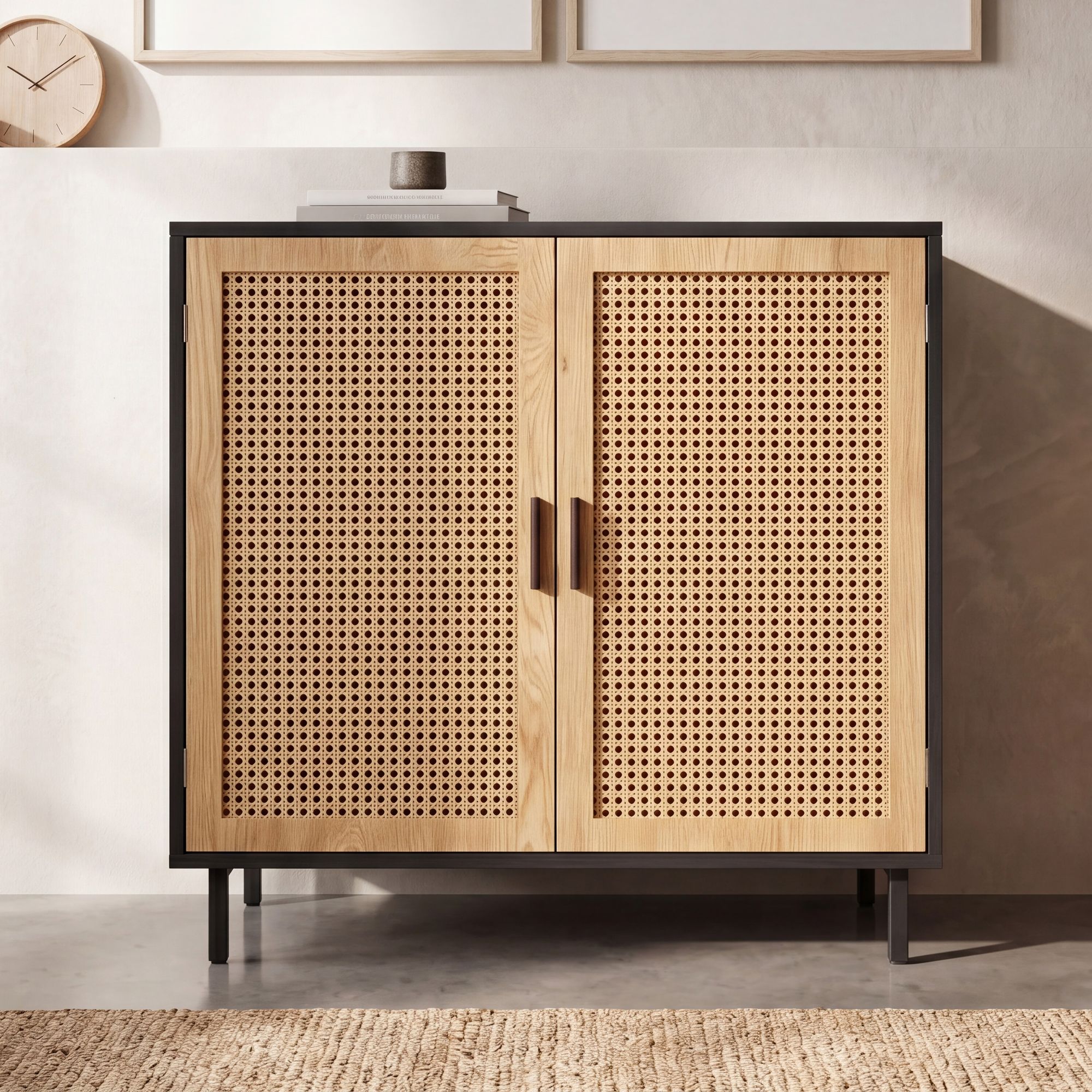 Sideboard 80cm mit 2 Türen in Rattan Wiener Geflecht Design Kommode Schwarz – Ansicht 1