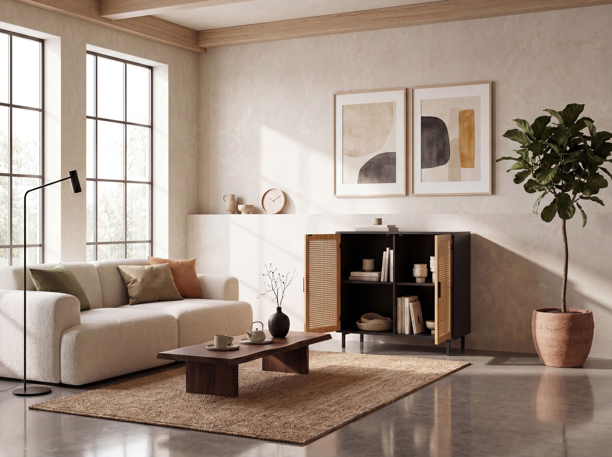 Sideboard 80cm mit 2 Türen in Rattan Wiener Geflecht Design Kommode Schwarz – Ansicht 2