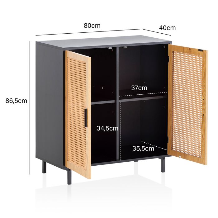 Sideboard 80cm mit 2 Türen in Rattan Wiener Geflecht Design Kommode Schwarz – Maßzeichnung