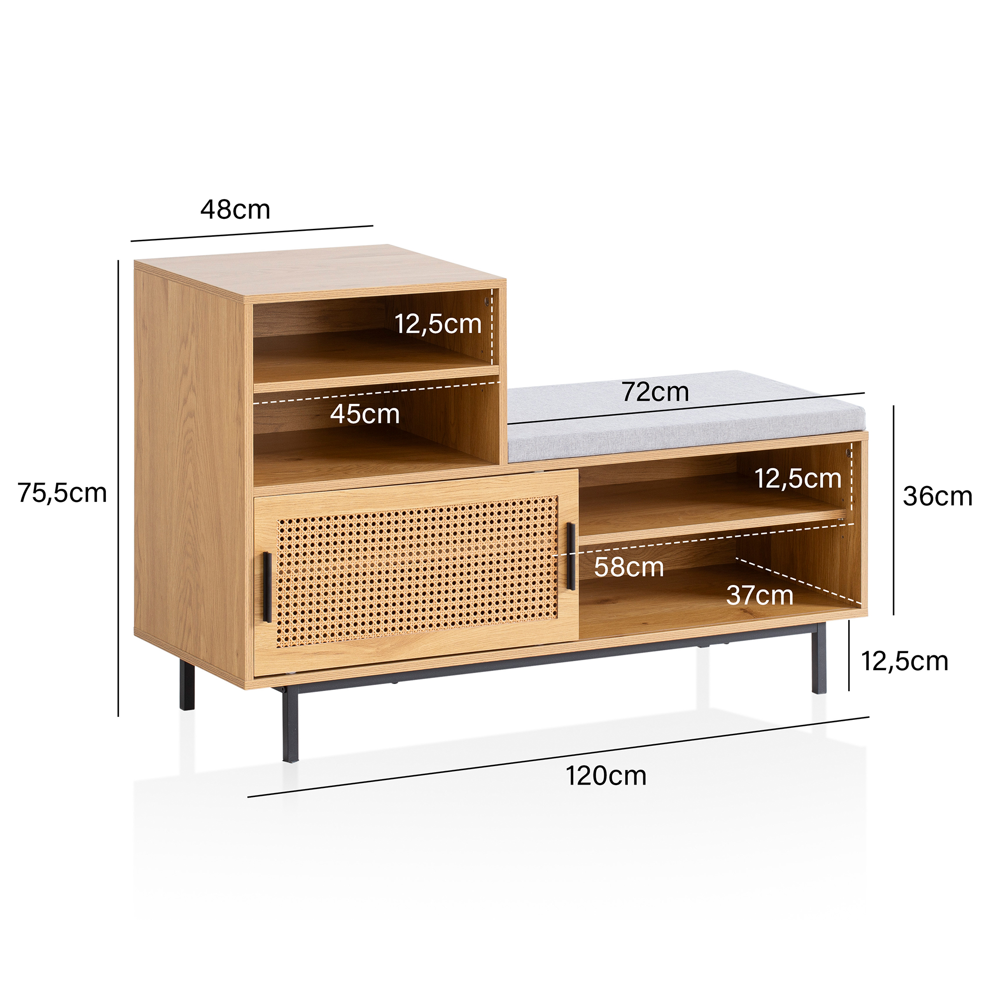 Schuhbank FineBuy Garderobe mit Sitzbank 120 cm Wiener Geflecht Schuhregal Eiche – Ansicht 3