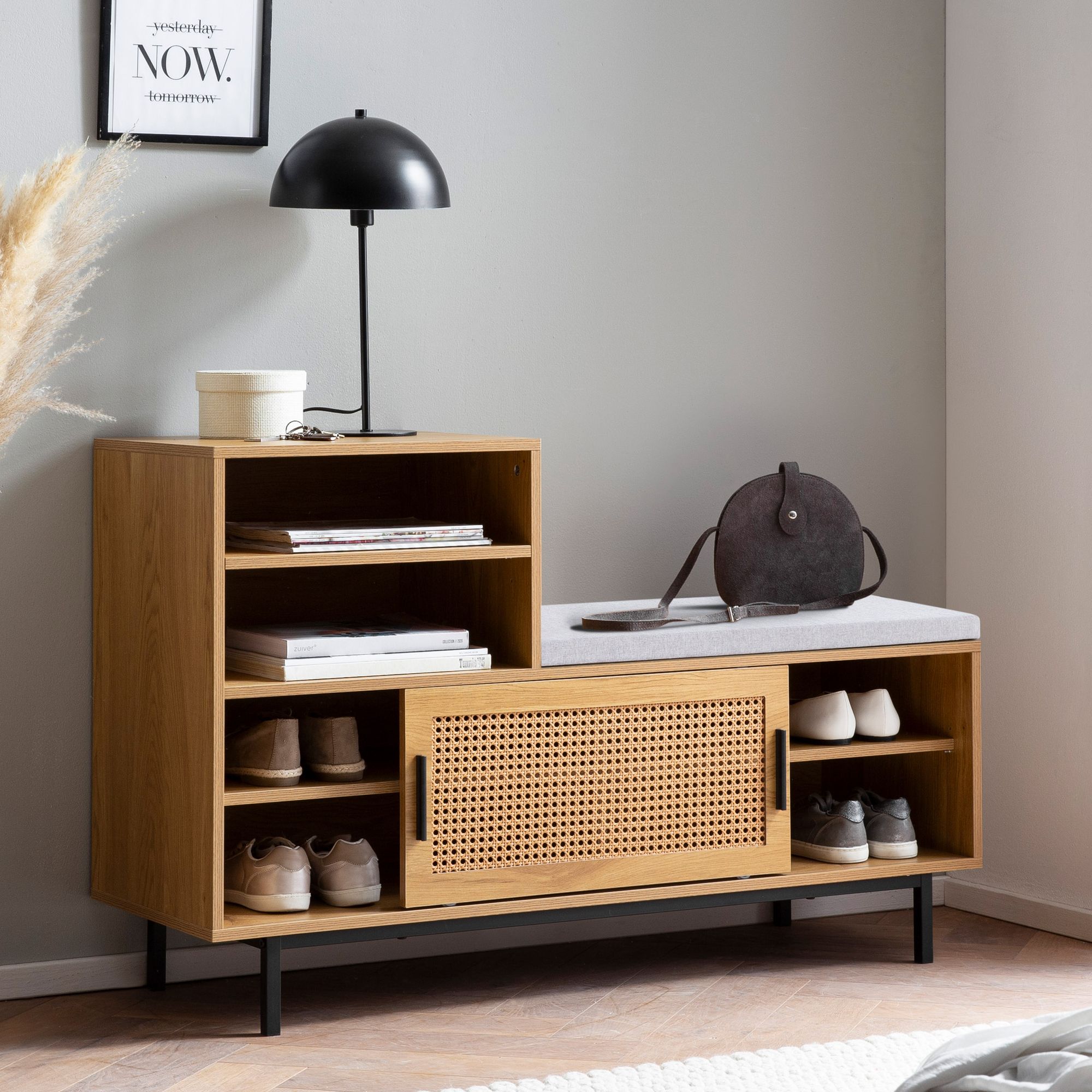 Schuhbank FineBuy Garderobe mit Sitzbank 120 cm Wiener Geflecht Schuhregal Eiche – Ansicht 1