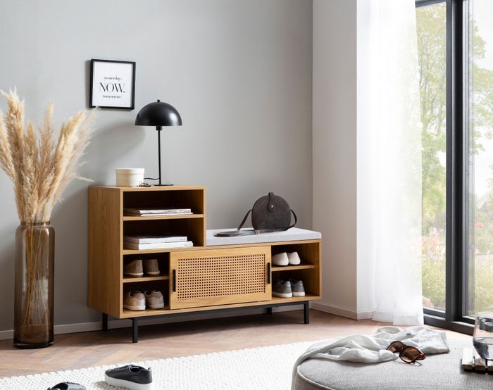 FineBuy Schuhbank mit Sitzfläche 120x75,5x40 cm Garderobenbank Eiche-Dekor, Sitzbank Rattan Klein Gepolstert, Bank Schmal Flur mit Stauraum, Flurbank Wiener Geflecht, Flurmöbel mit Schiebetür