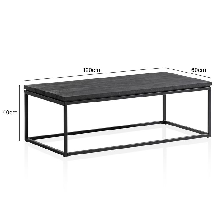 Couchtisch Massivholz schwarz Wohnzimmertisch Metallgestell Industrial Design – Maßzeichnung
