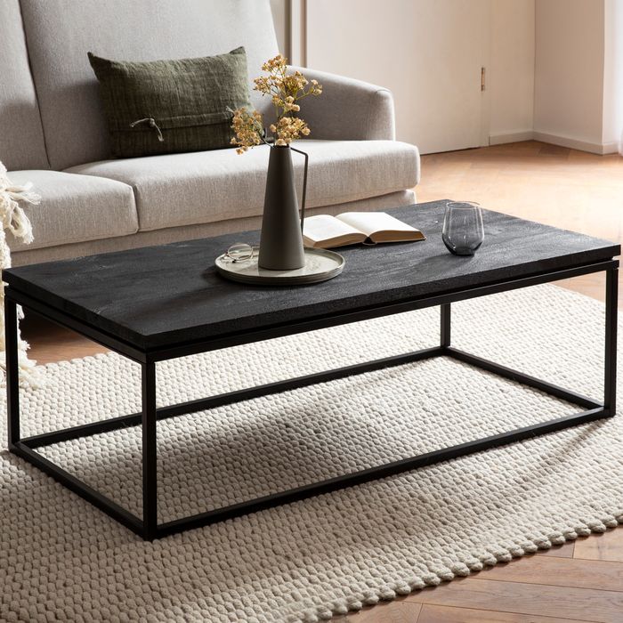 Couchtisch Massivholz schwarz Wohnzimmertisch Metallgestell Industrial Design