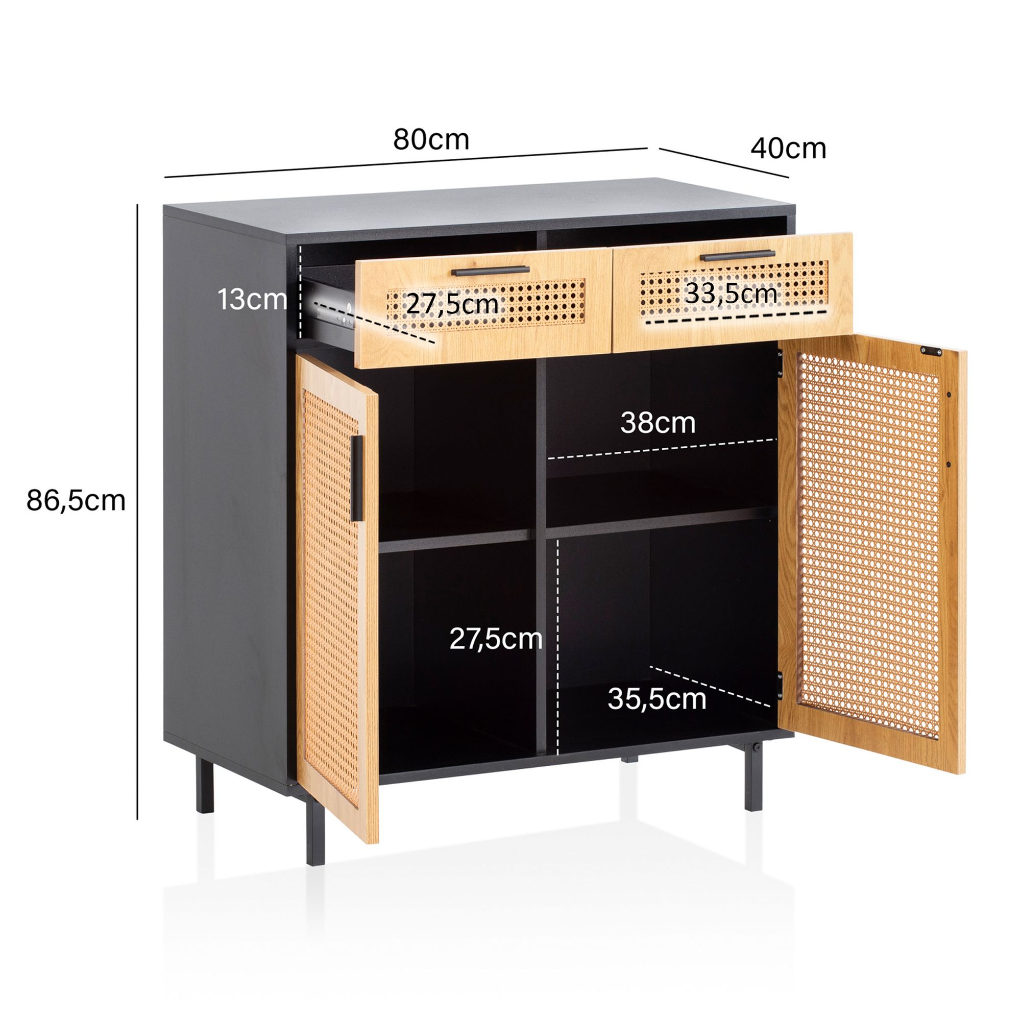 Sideboard FineBuy Anrichte 80 cm Schwarz Kommodenschrank mit Wiener Geflecht – Ansicht 3