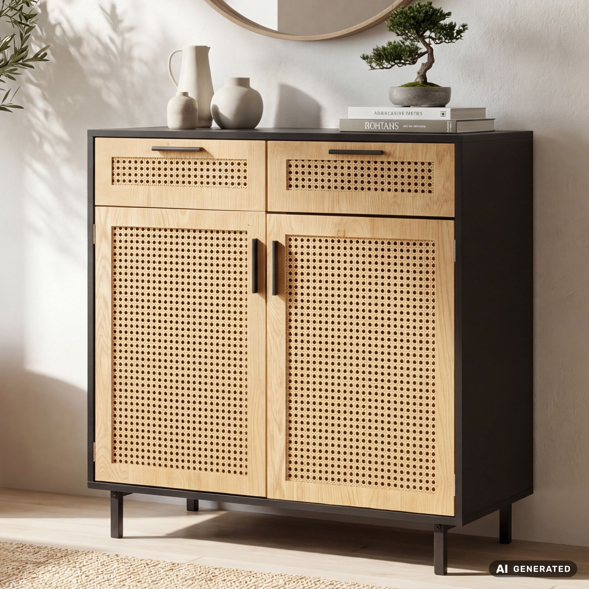 Sideboard FineBuy Anrichte 80 cm Schwarz Kommodenschrank mit Wiener Geflecht – Ansicht 7